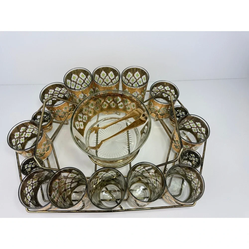 Rare Vintage Culver Valencia 22K Gold Barware Set 17-Piece Glasses Caddy MCM